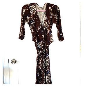 Wrap dress with brown, cream, and blue pattern